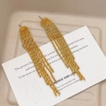 Makro-Detail von eleganten langen goldenen Quastenohrringen auf Display-Karte - Gold