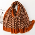 Orange scarf with geometric chain patterns and soft frayed edges on white background - 180*85CM / Caramel color