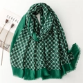 Green cotton scarf with geometric floral print and frayed edges on a white tabletop - 180*85CM / Green