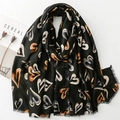 Vintage style black cotton-linen feel scarf with gold heart print and frayed edges - 180*88cm / Black