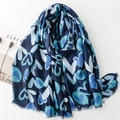 Navy blue cotton linen scarf with overlapping heart prints and fringe edges for women - 180*88cm / Blue