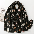 Black cotton-linen scarf with cute dog patterns and vintage fringed edges on white background - 180*88cm / Black