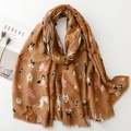 Brown cotton linen scarf featuring cute cartoon dog patterns and frayed fringe edges - 180*88cm / Khaki