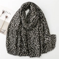 Women's black cotton linen scarf with gold leaf foil print and frayed fringe edges - Black (SL2311-006)