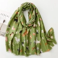 Detail of green linen scarf with cute cartoon dog patterns and soft tassel edges - 180*88cm / Green