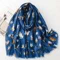 Detailed view of navy cotton-linen scarf with cute dog prints and frayed fringe edges - 180*88cm / Blue