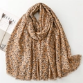 Brown long shawl with golden plant leaf pattern and elegant fringe edges in soft cotton linen - Khaki (SL2311-006)