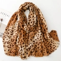 Elegant leopard print scarf for women with gold foil accents and fringe edges - Coffee Leopard