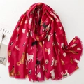 Red cotton linen scarf with cute cartoon dog prints and frayed edges on white background - 180*88cm / Rose Red