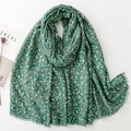 Detail of dark green cotton linen scarf with golden leaf patterns and frayed edges - Green (SL2311-006)