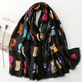 Fashionable black shawl scarf featuring colorful cartoon cat prints and fringe edges - 180*88cm / Black