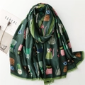 Dark green scarf with cartoon cat illustrations and fringe detail on white background - 180*88cm / Green