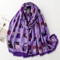 Detail of purple scarf with cute cartoon cat patterns and fine fringe tassels on edges - 180*88cm / Purple
