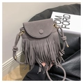 Detail of grey suede crossbody bag featuring long fringe tassels and rope shoulder strap - Gray