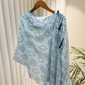 Blue honeycomb pattern silk shawl with Chinese button detail on white top - 260*60 / Blue Honeycomb Geometric Style (SL2408-pk35)