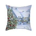 Funda de cojín navideña con estampado de muñeco de nieve y casa nevada pintada - Cabaña Nevada y Muñeco de Nieve (TPR489-2)