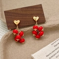 Vintage red grape lantern glass bead earrings with golden heart studs and cluster design - Bright Red