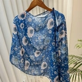 Blue floral Chinese shawl featuring traditional knots and vintage flower patterns - 260*60 / Blue Pink White Floral Style (SL2408-pk37)