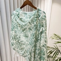 Leaf print chiffon shawl top in green and white with traditional Chinese frog buttons - 260*60 / Green White Leaf Print Style (SL2408-pk17)