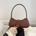 Brown minimalist crescent underarm bag with large square buckle and slender strap - Brown