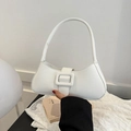 Minimalist white crescent underarm bag with large square buckle and smooth leather finish - White
