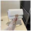 Minimalist white leather small square bag with large gold buckle and metal chain strap - White