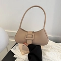 Minimalist beige half-moon hobo bag with large buckle detail and sleek shoulder strap - Khaki