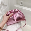 Chic metallic pink cloud bucket bag with drawstring and thin leather strap detail - Pink