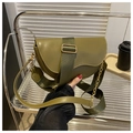 Olive green saddle bag with wide woven strap and gold chain detail in matte PU leather - Green