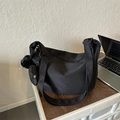 Large black nylon crossbody bag with matching round coin purse and plush pom-pom charm - With Pendant / Black