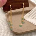 Elegant long tassel earrings with green natural stone beads and gold-plated chain - Green (A-1111)