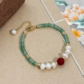 Aventurine and freshwater pearl beaded necklace with red agate stone and gold clasp - Bracelet