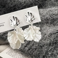 Elegant geometric shell flower petal earrings in silver and white with zircon accents - Silver Shell Petal Pendant / Silver