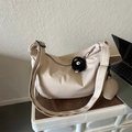 Minimalist beige nylon tote bag with adjustable strap and small round coin purse charm - With Pendant / Khaki