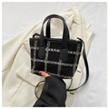 Elegante bolso tote de tweed negro y azul con asas de cuero y bandolera delgada - Negro