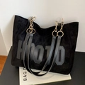 Large black suede tote bag with HOOTD lettering and gold chain shoulder strap - Black