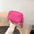 Fuchsia crossbody camera bag with litchi texture and wide geometric woven strap - Rose Red