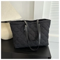 Quilted black cotton tote bag with diamond stitching and leather shoulder straps - Black