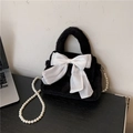 Cute black plush bag with large white bow and elegant pearl chain shoulder strap - Black
