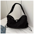 Borsa a mezzaluna nera grande capacità minimalista con coulisse e zip argento - Nero