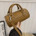 Vintage braune zylindrische Boston-Tasche aus Leder mit Prägung und Schultergurt - Khaki