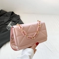 Pink quilted shoulder bag with acrylic chain and wide patterned strap for women - Pink