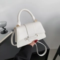 White textured leather flap handbag with gold ring decoration and detachable shoulder strap - White