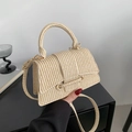 Vintage woven straw crossbody bag in beige with gold hardware and top handle strap - Khaki