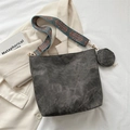 Retro grey tote bag with ethnic colorful wide strap and small round coin purse - Black