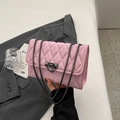 Chic light pink quilted chain crossbody bag with dark grey metal lock and rhombus pattern - Pink