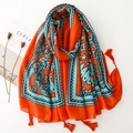 Ethnic style orange paisley pashmina shawl with blue patterns and fringe tassels - 180cmx85cm / Orange Blue Paisley Print (SL2306-027)
