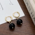 Pendientes vintage franceses con cierre dorado y grandes colgantes de perlas negras lisas - Oro Estilo Ágata Negra