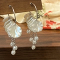 Elegant pearl flower tassel drop earrings with silver hoops and shimmering petals - Petal Tassel Style (A-425) / Silver