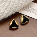 Minimalist geometric triangle black enamel stud earrings with gold plating for women - Black
